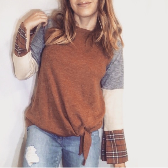 She and Sky Sweaters - She and sky Plaid colorblock tie front sweater